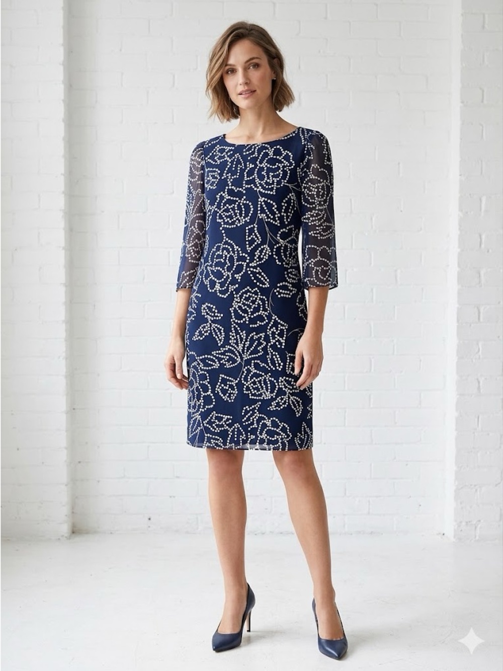Karl Lagerfeld Paris Navy and White Floral Polka Dot Midi Dress US 4